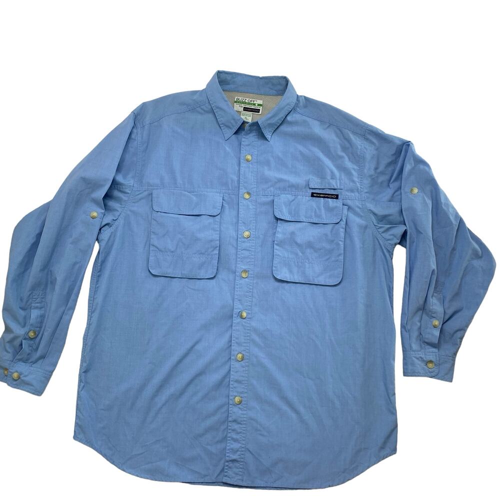EXOFFICIO Buzz Off Blue Check Long Sleeve Travel Camp Shirt XL Mens 1101-8000